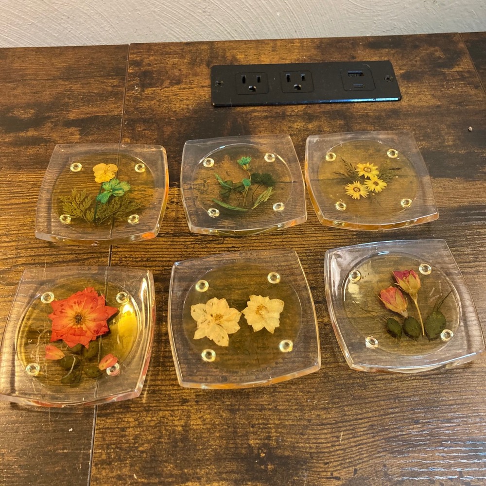 Vintage Pressed Flower Resin Coasters Set of 6 Clear Acrylic Floral Botanical